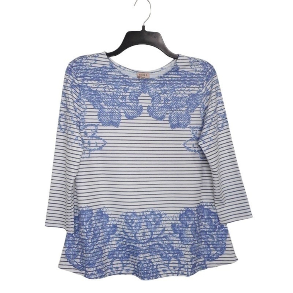 Como Vintage Womens Top Small Blue White 3/4 Sleeve Striped Stretch Butterfly